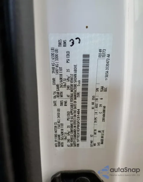 2016 Ford F150 Super Cab z USA, uszkodzony, nr VIN 1FTEX1EP8GFC81484